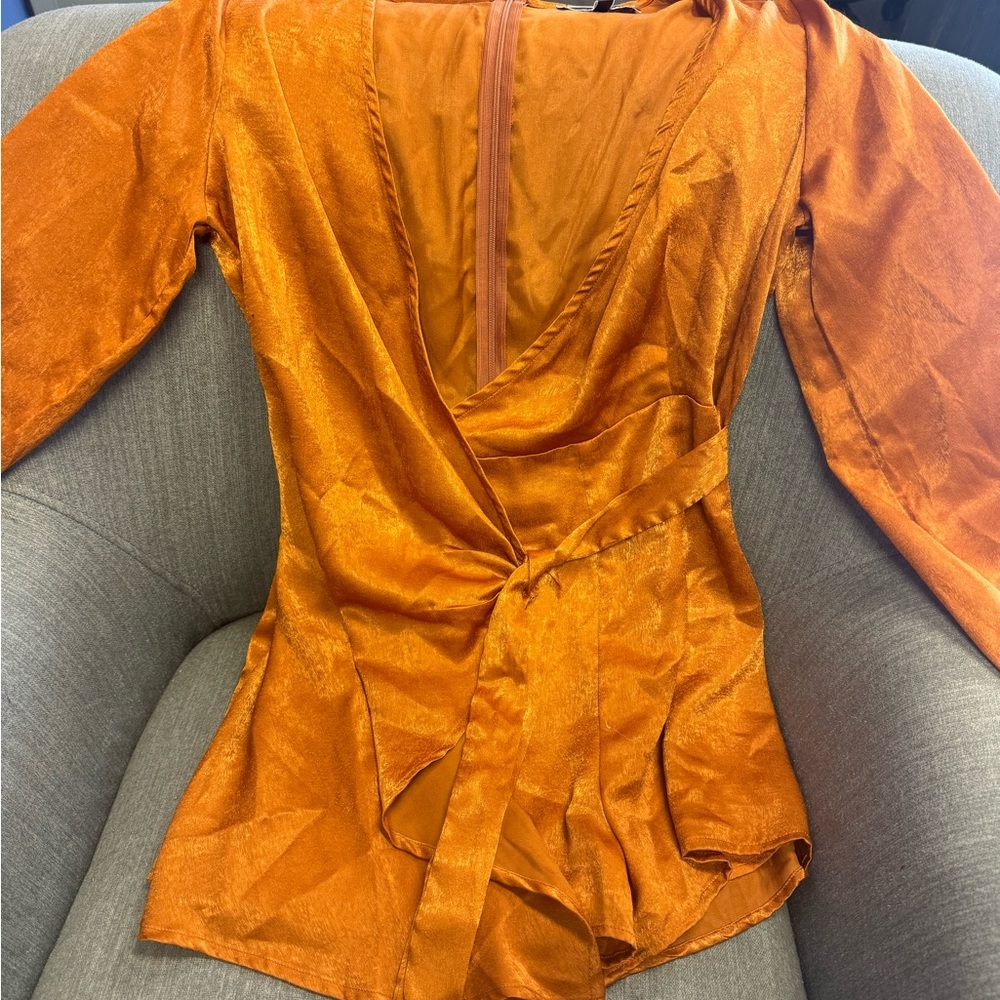 Blue Blush Shimmering Orange Wrap Jumpsuit